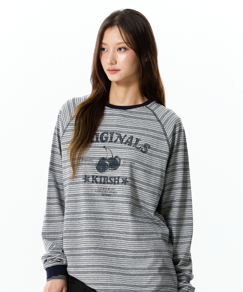 CHERRY GRAPHIC LOOSE-FIT STRIPE LONG SLEEVE(MELANGE GRAY)