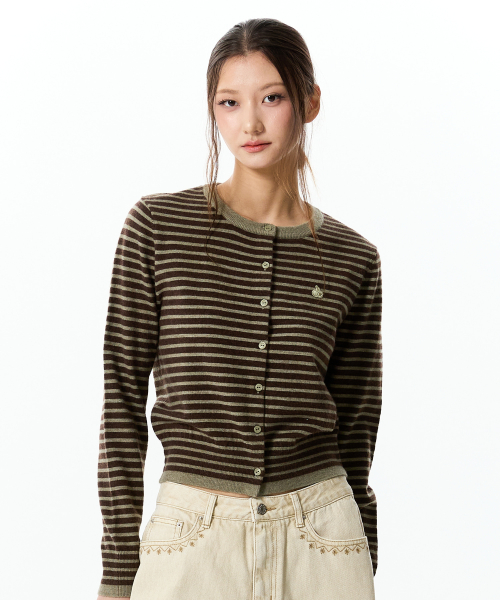 STRIPE CHERRY CARDIGAN(OLIVE)