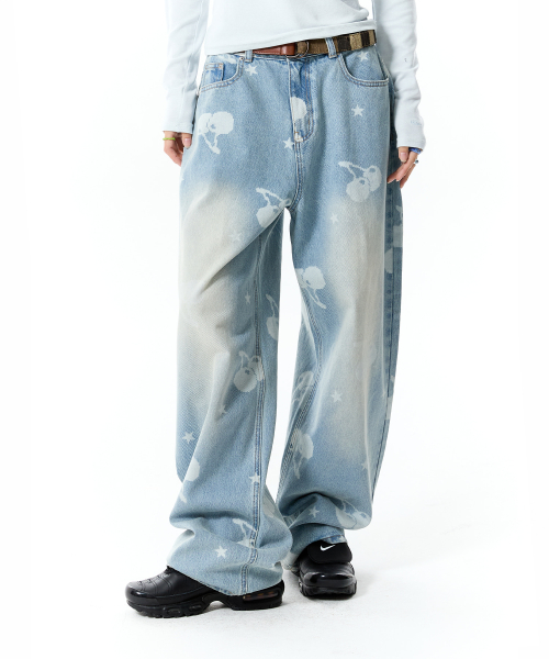 CHERRY ALL-OVER WIDE-FIT DENIM PANTS(LIGHT BLUE)