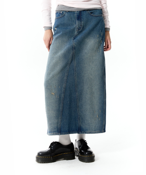 DAMAGE MAXI DENIM SKIRT(BLUE)