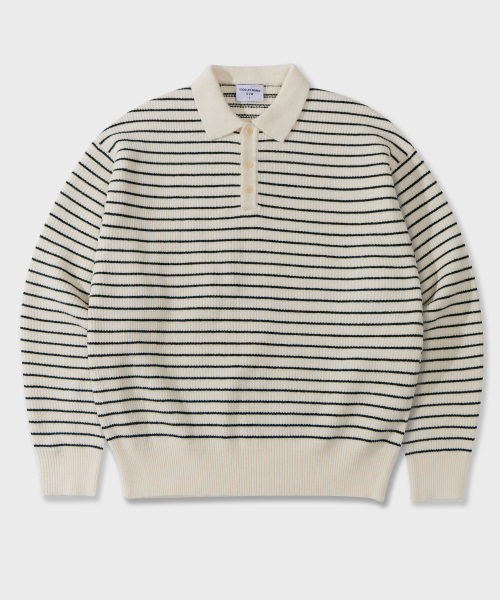 Oversized striped collar knit soft touch ivory