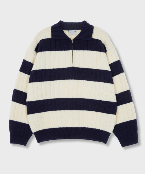 HEAVY STRIPED HALF ZIP-UP KNIT NAVY