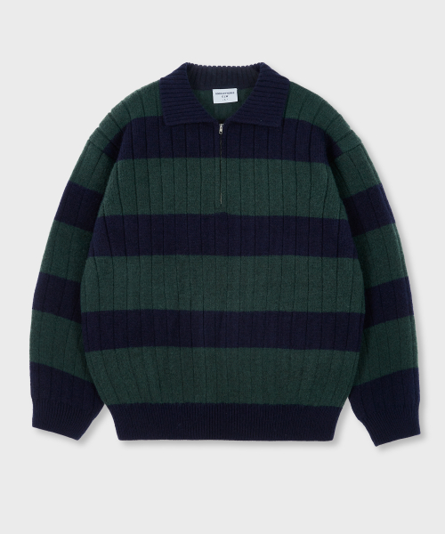 HEAVY STRIPED HALF ZIP-UP KNIT GREEN/NAVY