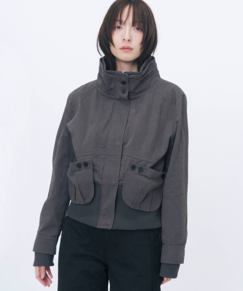 Cowl high neck pocket jacket CHARCOAL
