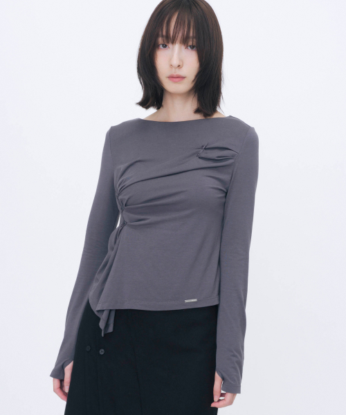 Asymmetric draped long sleeve CHARCOAL