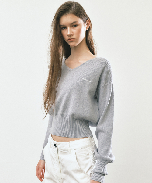 V NECK RIB KNIT TOP_GRAY