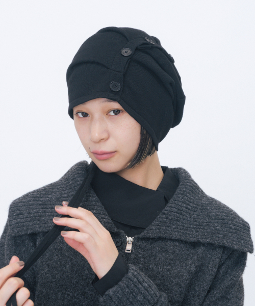 Cowl shirring string beanie BLACK