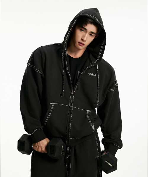 CHROME B BOLD LINE HOODIE ZIP-UP [WASHED BLACK]