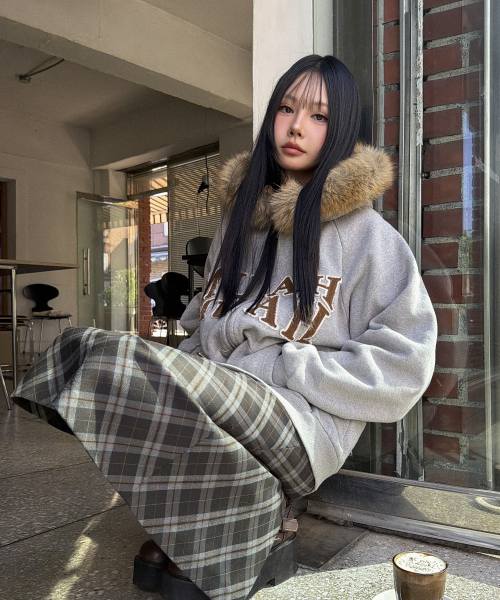 APPLIQUE RAGLAN FUR HOOD ZIPUP [MELANGE]