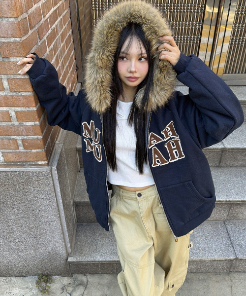 APPLIQUE RAGLAN FUR HOOD ZIPUP [NAVY]