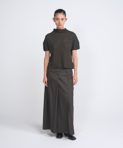 Double Waist Pleated Maxi Skirt_Deep Grey-VN25W010