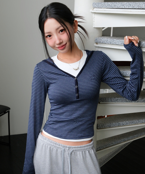 BRUSH STRIPE HOOD LONG SLEEVE [NAVY]