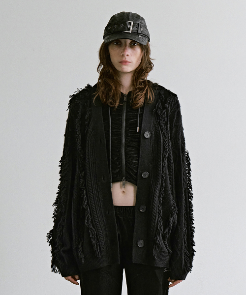 Fringe-Cut Cable Knit Cardigan [ Black ]