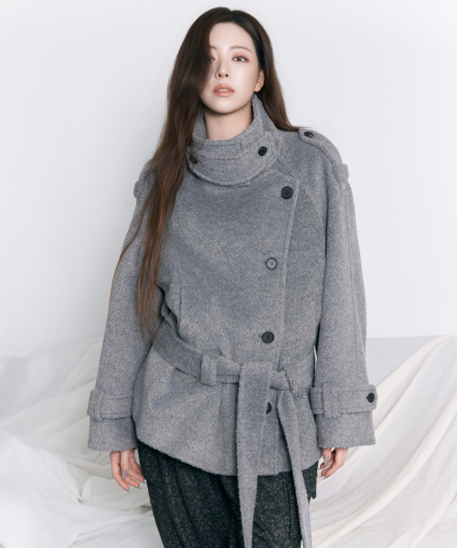 High-Neck Convertible Belted Half Coat [ Gray ]