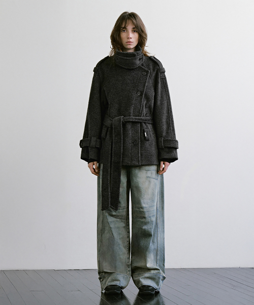 High-Neck Convertible Belted Half Coat [ Charcoal ]