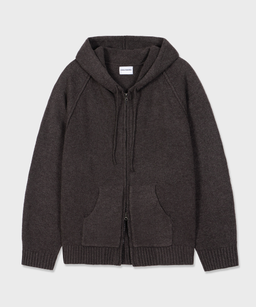 Unisex Two-Way Knit Hooded Zip-Up Brown