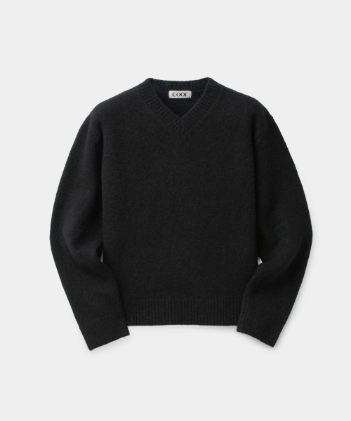 Wool Blend Fuzzy Vneck Sweater (Black)