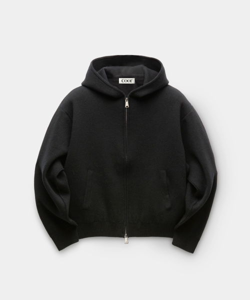 Double Face Wool Blend Hoodie Zip-Up (Black)