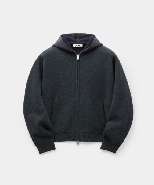 Double-Faced Wool-Blend Hoodie Zip-Up (Melange Blue)
