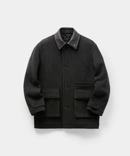 Trimmed Leather Patchwork Coat (Melange Charcoal)