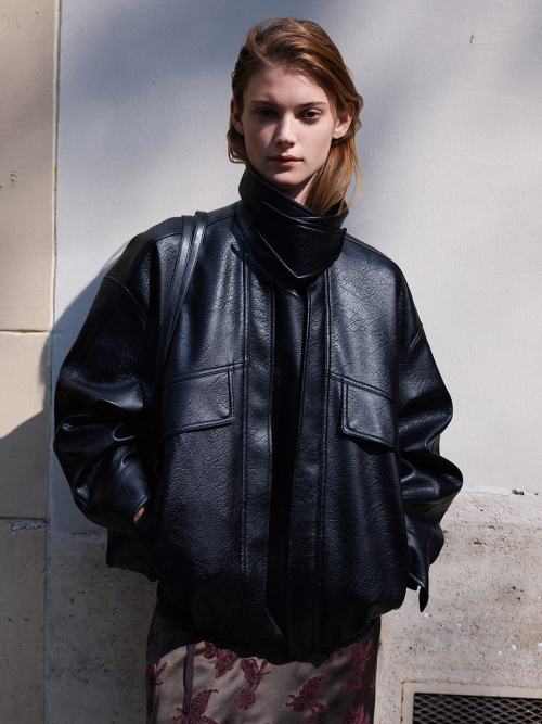 Faux Leather Double Placket Blouson Zip-up Jumper SL6AM802-10