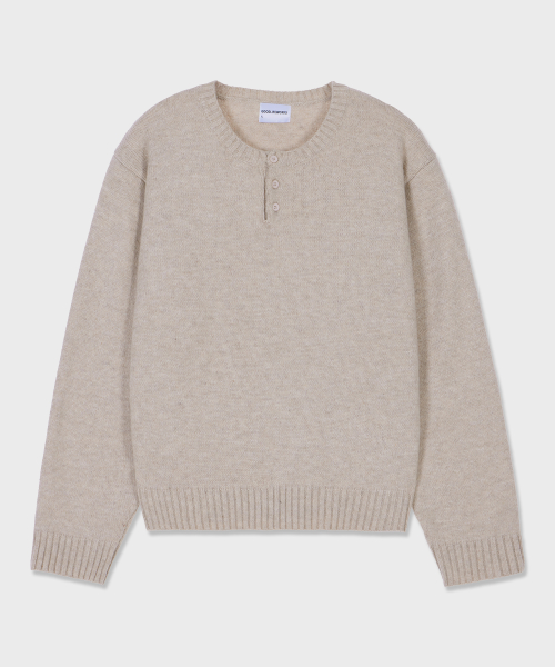 Unisex Oversized Button Henley Neck Knit Beige