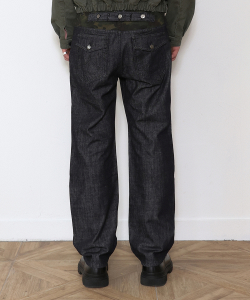 Cinch Back Camo Paneled Denim Pants BLACK