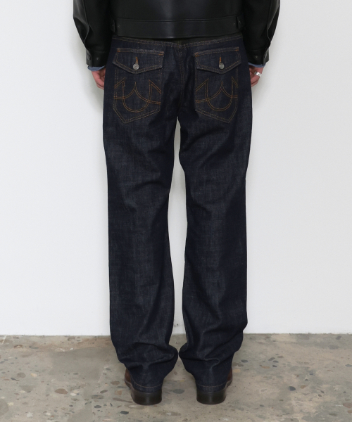 Cinch Back Camo Paneled Denim Pants INDIGO