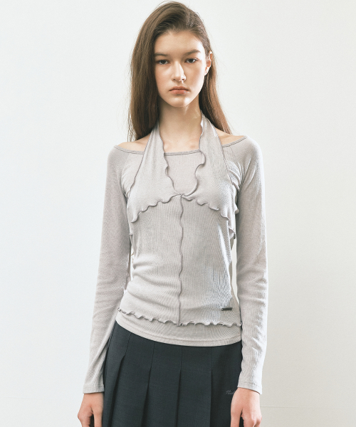 HALTER LAYERED SLEEVE TOP_LIGHT GRAY