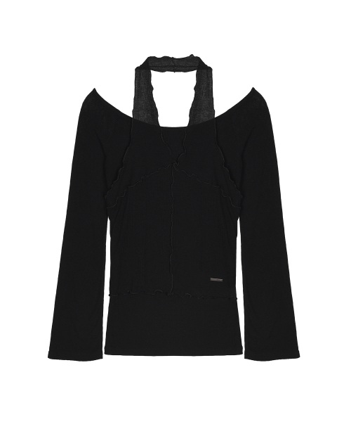 HALTER LAYERED SLEEVE TOP_BLACK