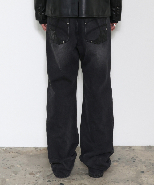 Cinch Back Leather Pocket Semi-flare Pants BLACK