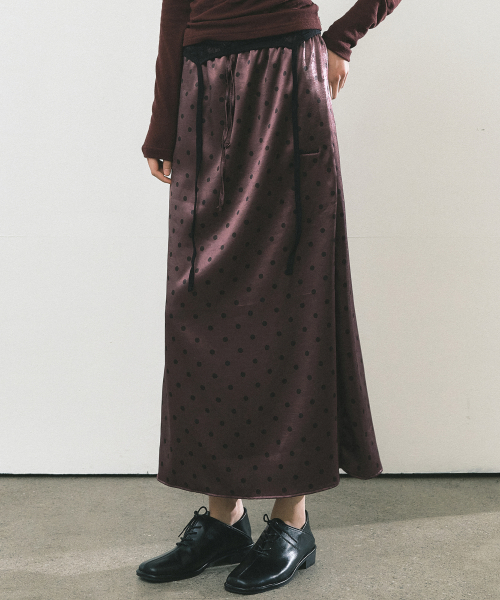 DOT SATIN LONG SKIRT_WINE