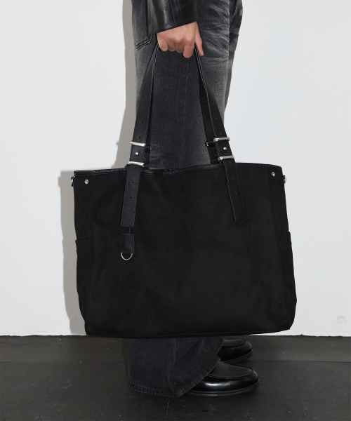 Suede Leather Bag Charm Tote Bag BLACK