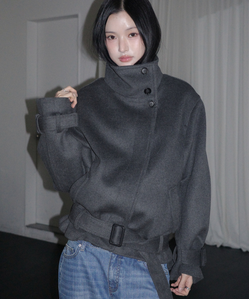 비터셀즈 러비 울 하이넥 하프 코트-차콜