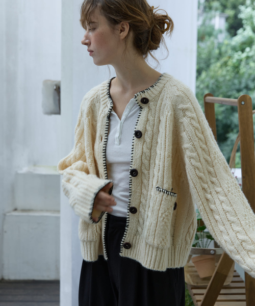Whipstitch Cable Cardigan Ivory