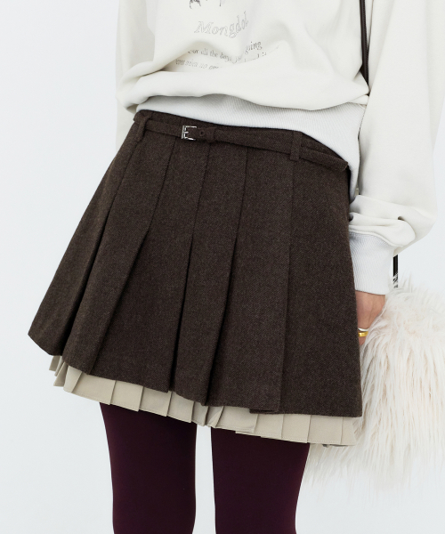 Belted Pleated Layered Mini Skirts Brown MDSK039BROWN