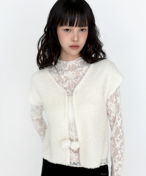 Pom-Pom Strap Short-Sleeve Knit Cardigans Ivory MDCD064IVORY
