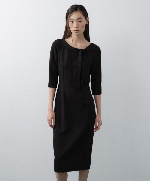 Ribbon-Tie Boat Neck Dress (Black)