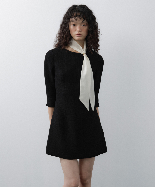 Custom Scarf Tweed 3/4 Sleeve Mini Dress Set (Black)