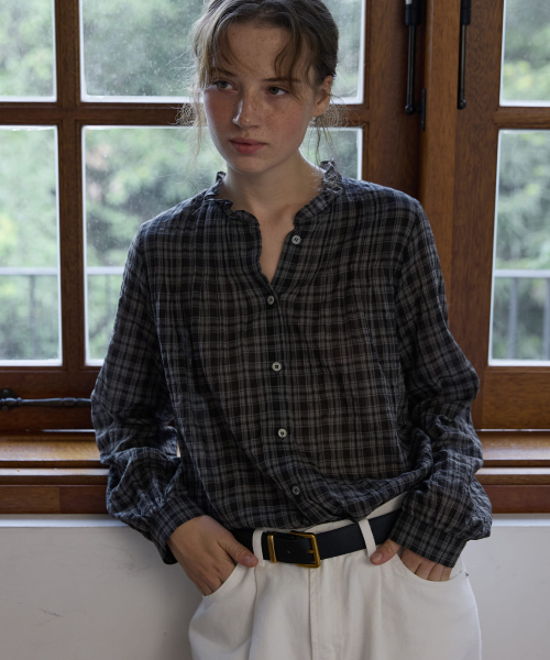 Ruffle Neck Check Blouse Charcoal Check
