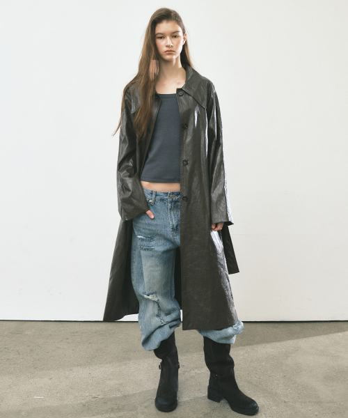 LEATHER BELTED LONG COAT_BROWN