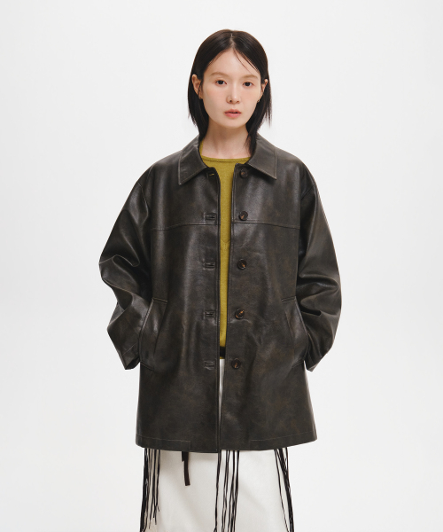 woman loose fit fake leather half jacket [dark brown]
