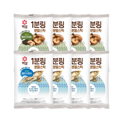 CJ제일제당 백설 1분링 분말스틱 버섯다시마 60g x4개+멸치디포리 60g x4개