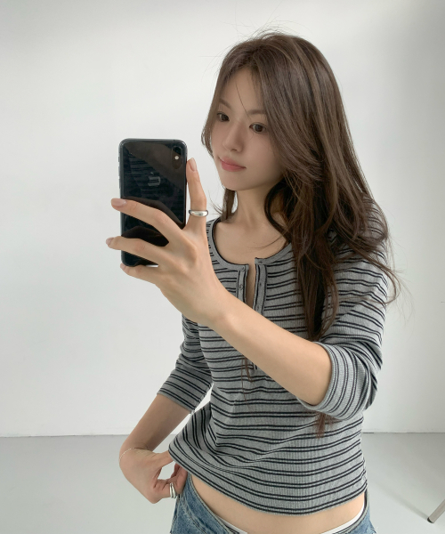 Henley 3/4 Sleeve Tee_Stripe Gray