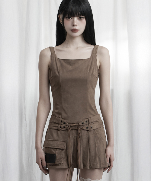 Cargo Belt Pocket Pleated Mini One-Piece (Brown)