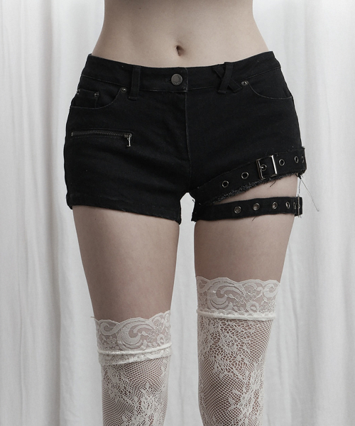 Double Belt Low Rise Denim Shorts (Black)