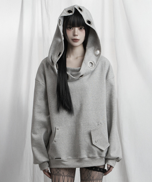 Off Shoulder Hood Layer Sweatshirt (Gray)