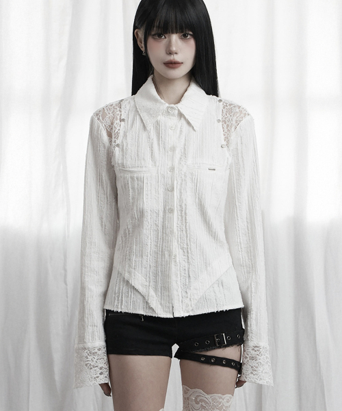 Lace Panel Slim Shirt (White)