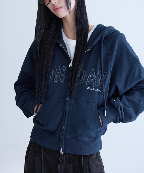 Logo Patch Crop Hoodie Zip-up, NAVY