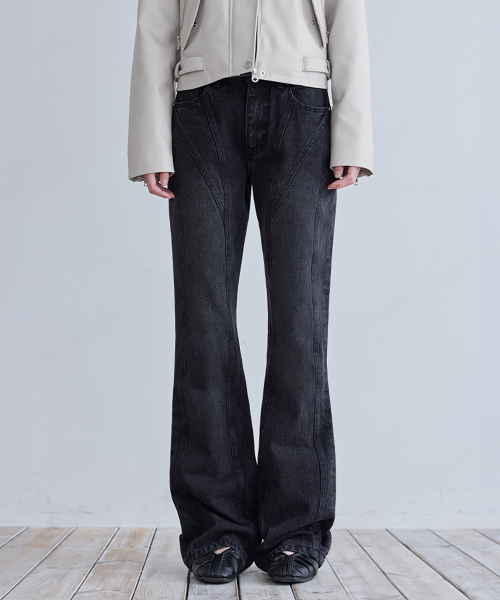 Paneled Slim Flare Jeans, BLACK